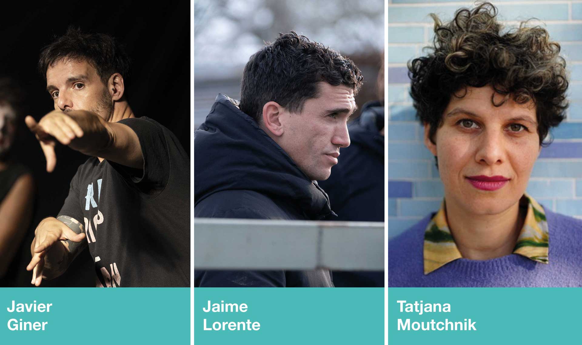 Three individuals are shown in separate panels: a man gesturing, a man in profile wearing a jacket, and a woman with curly hair and a colorful shirt.