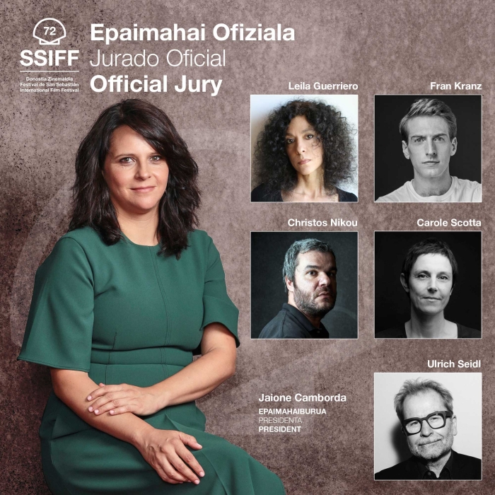 A group portrait of the official jury for the 72nd San Sebastián International Film Festival, featuring five members and their names.