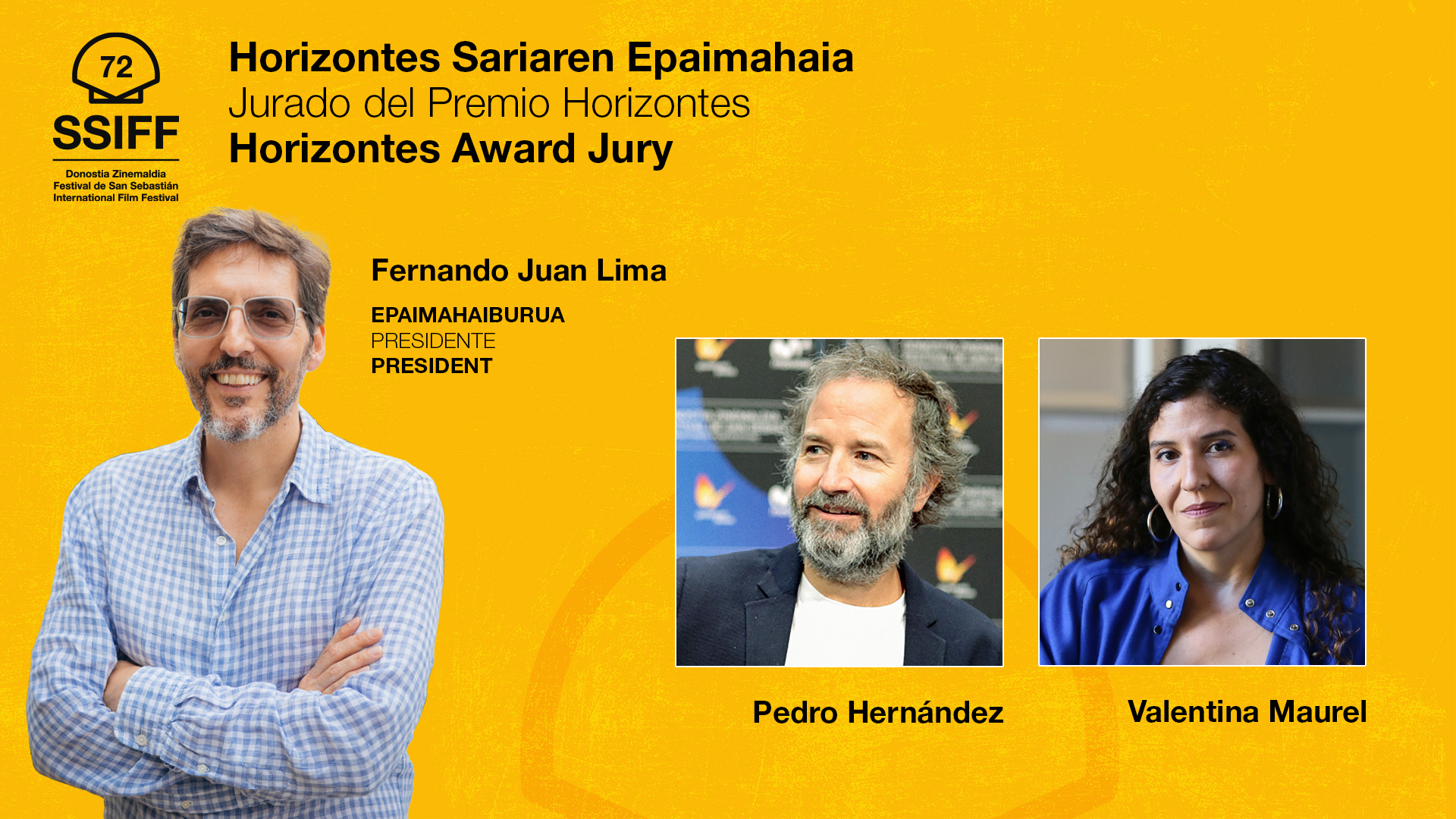 Image featuring three individuals: Fernando Juan Lima, Pedro Hernández, and Valentina Maurel, with a yellow background and festival details.