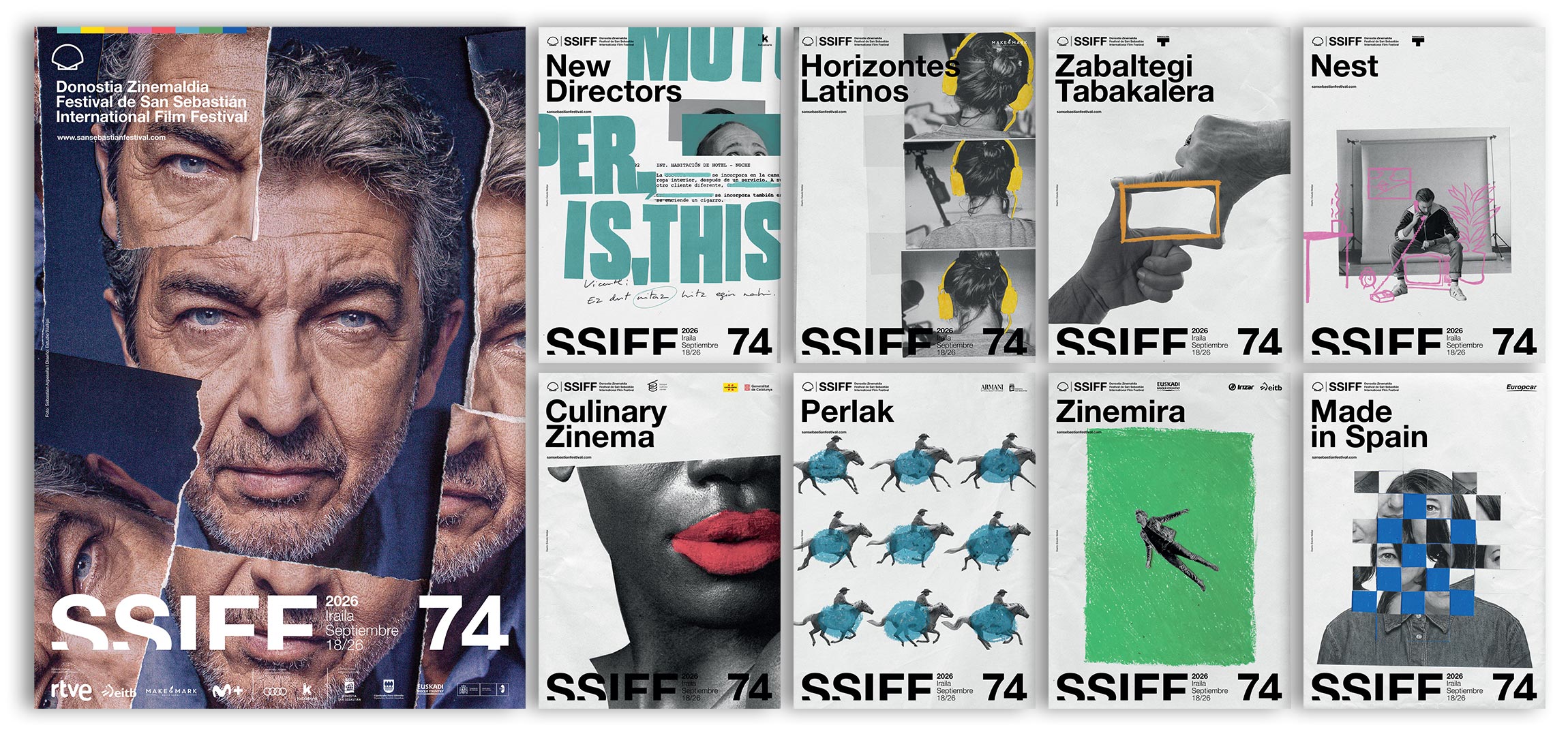 A collage of film festival posters featuring artistic designs and themes for the 74th San Sebastián International Film Festival.
